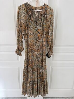 Free People Mustard and Cream Floral Tie-Neck Maxi Dress
